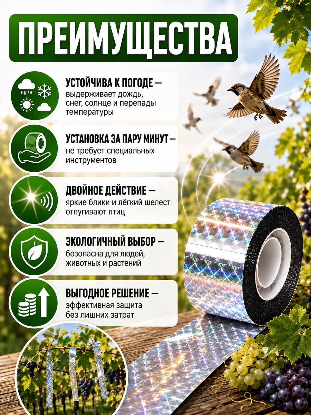 Лента от птиц Sititek 100 м 5 см светоотражающая