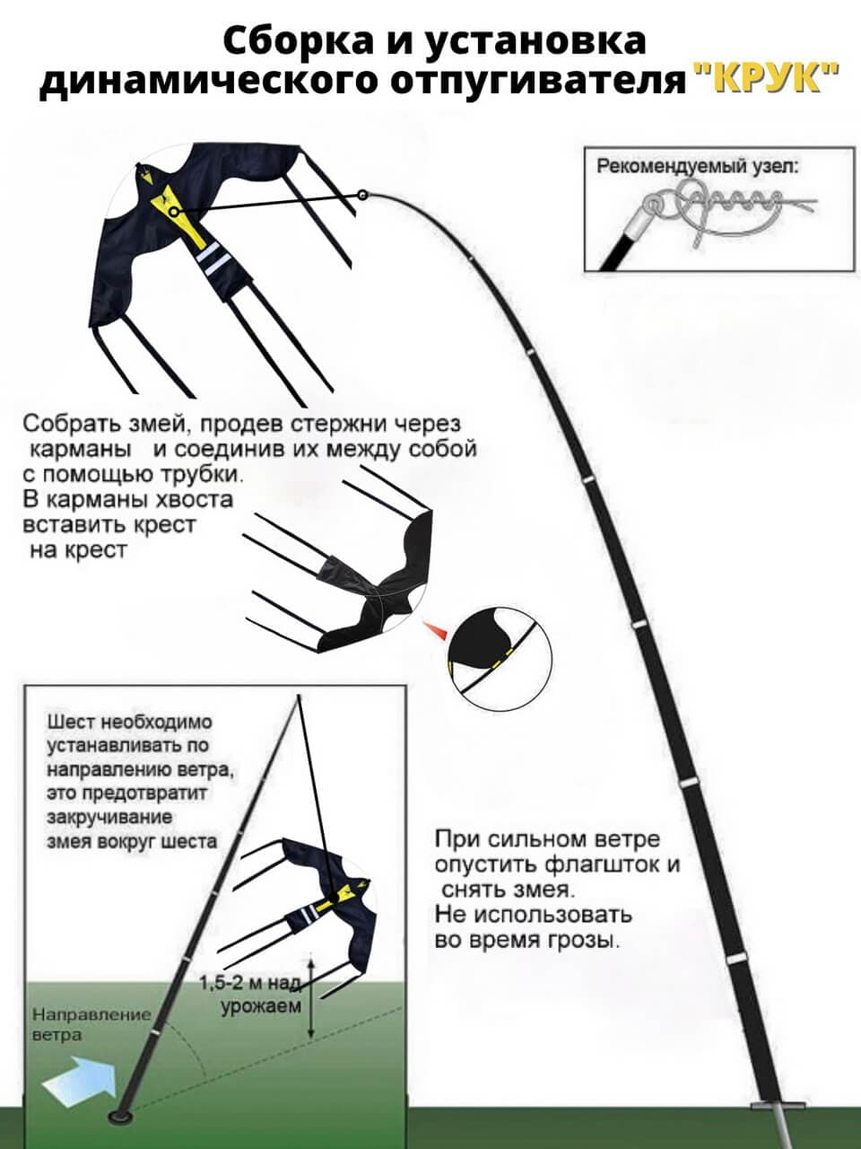 Комплект воздушный змей Крук и флагшток 4 м - отпугиватель птиц — схема сборки и установки